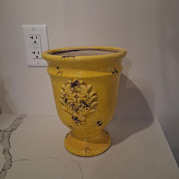 Yellow Terracotta-Style Crackle Glaze Ceramic Distressed 9" Decorative Planter - Picture 5 of 5